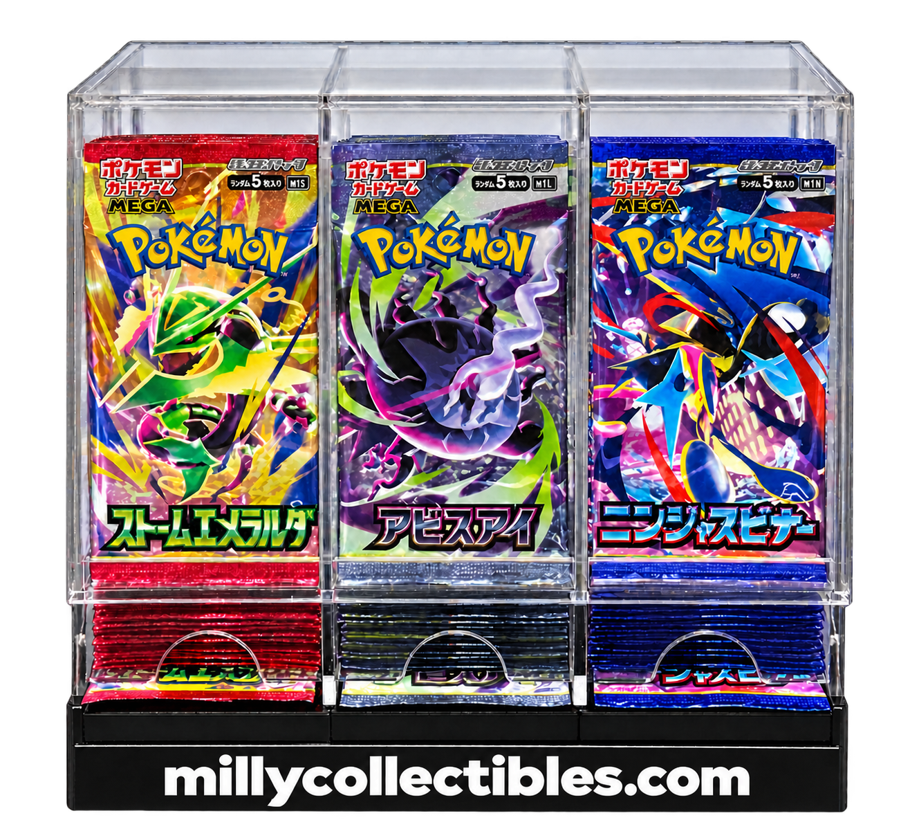 Example of a clear three-column Milly Collectibles Pokémon pack display with millycollectibles.com across the black base