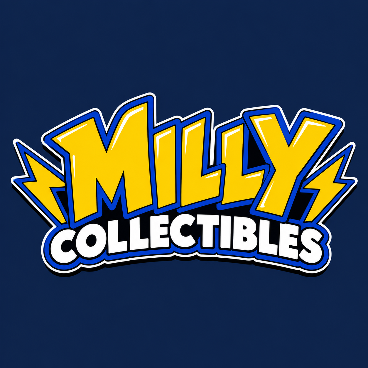Milly Collectibles logo with yellow MILLY lettering, white COLLECTIBLES lettering and yellow lightning bolts on navy